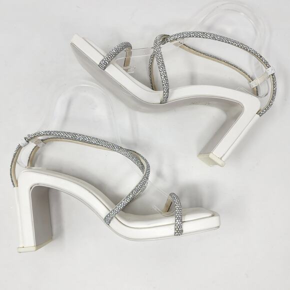 Azalea Wang Heeled Sandals Women 7 White Statement Sparkle Strappy Square Toe - Picture 7 of 10